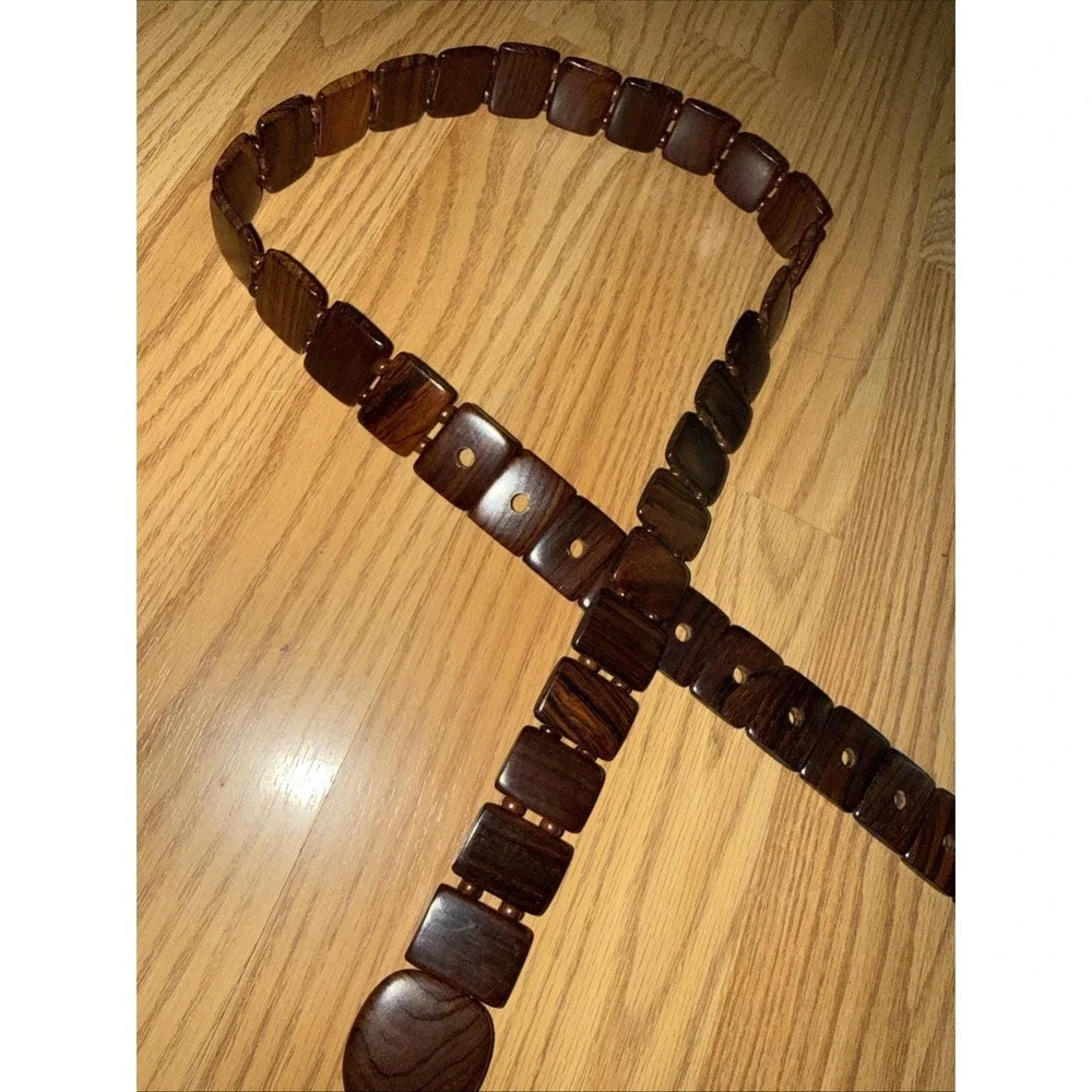 1970s Handcrafted Exotic Wood Link Belt, signed , medium